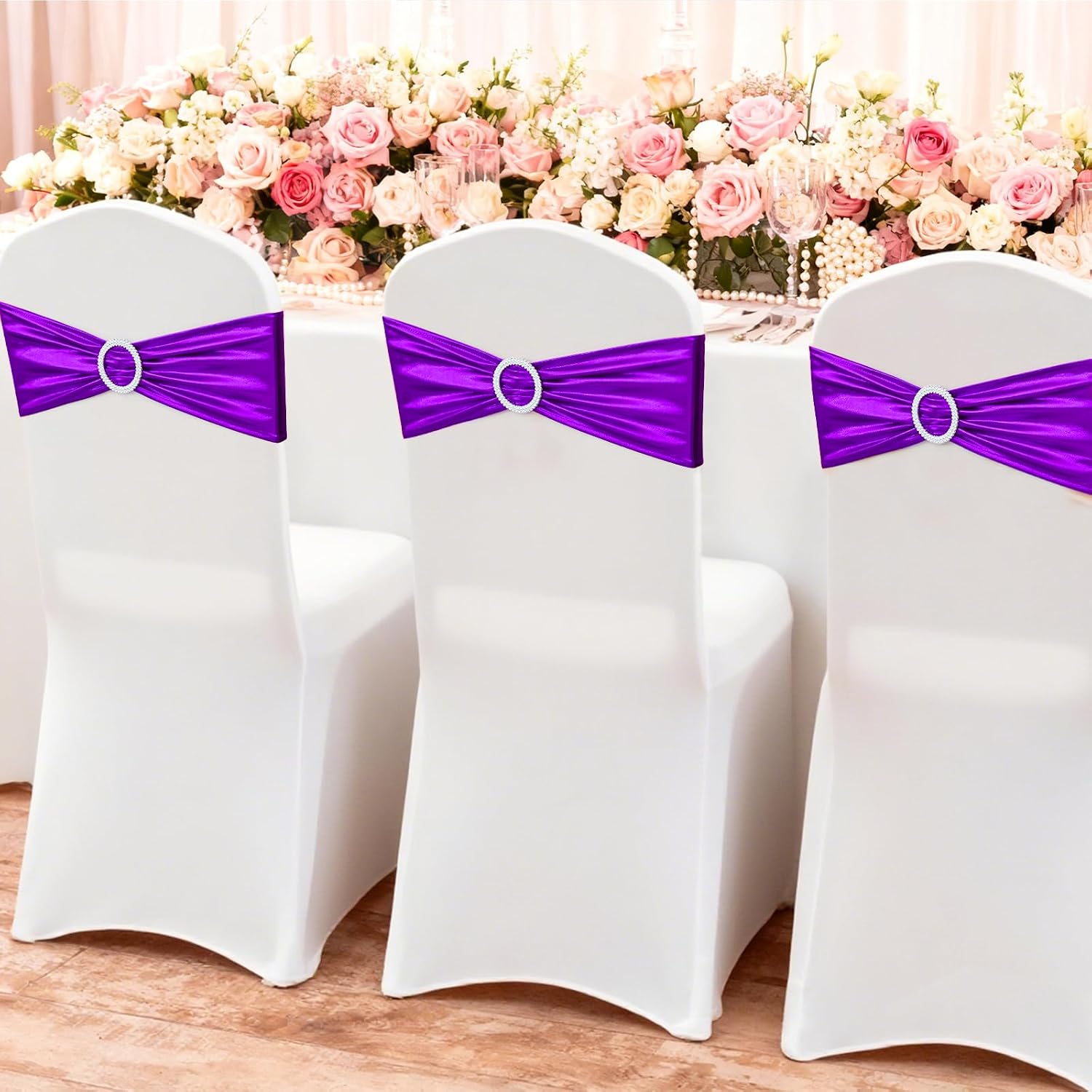 Purple Spandex Chair Sashes Bands 10 Packs Christmas Metallic Stretch Chair Ties Back Bows Bulk with Buckle Slider
