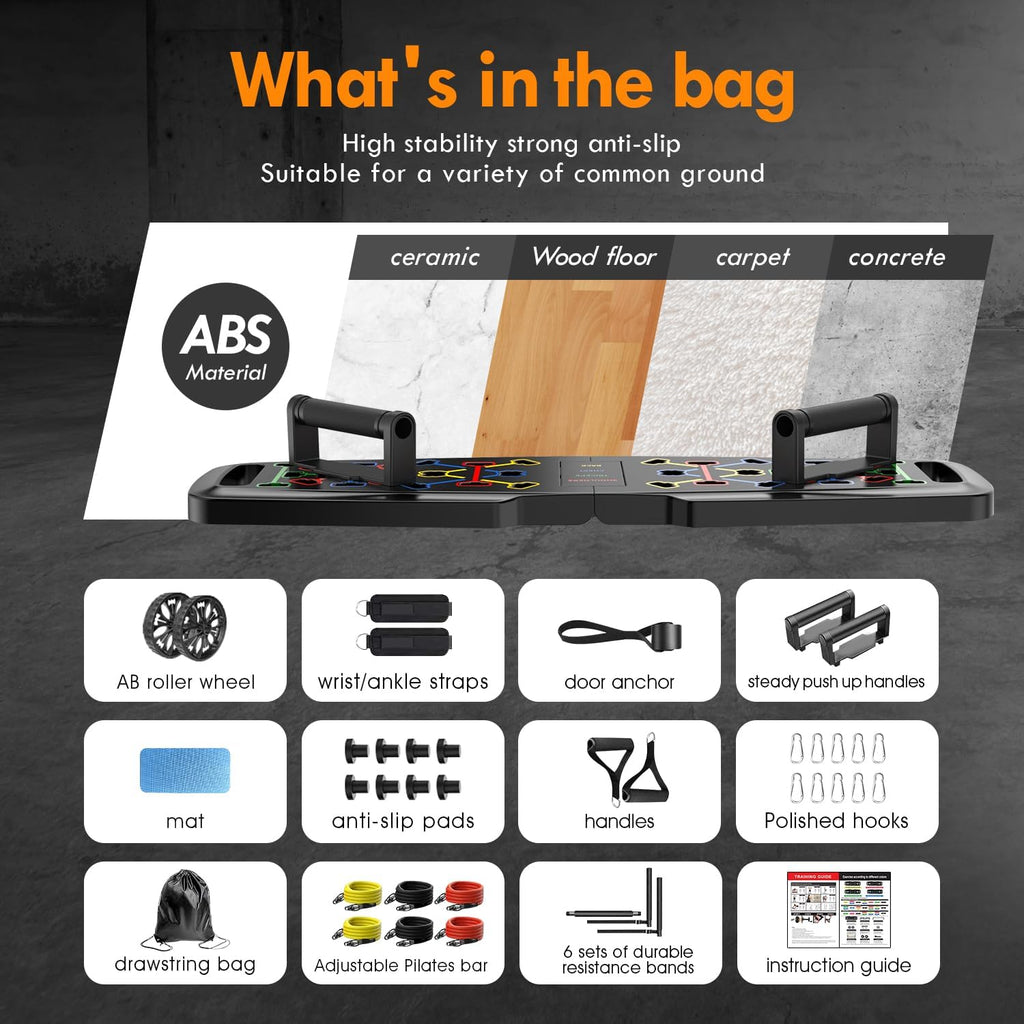 Push Up Board,Home Gym,Portable Exercise Equipment,Pilates Bar and 20 Fitness Accessories with Resistance Bands and