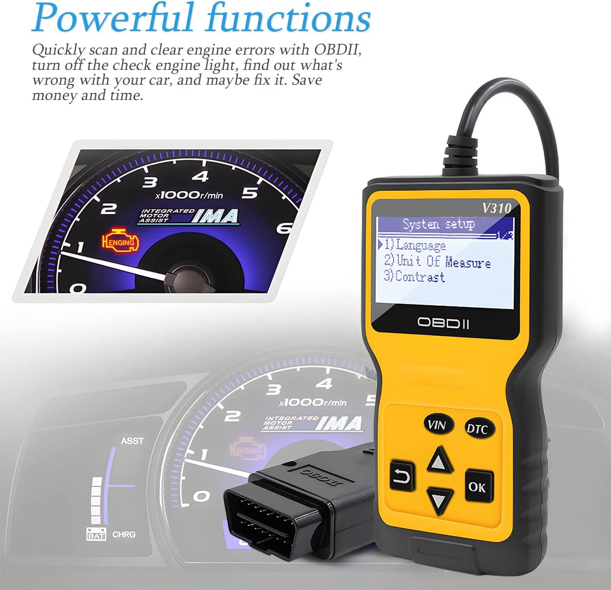 OBD2 Scanner Code Reader for Car Check Engine, Yellow | CAN Diagnostic Tool, Read and Erase Fault Codes, Probe for