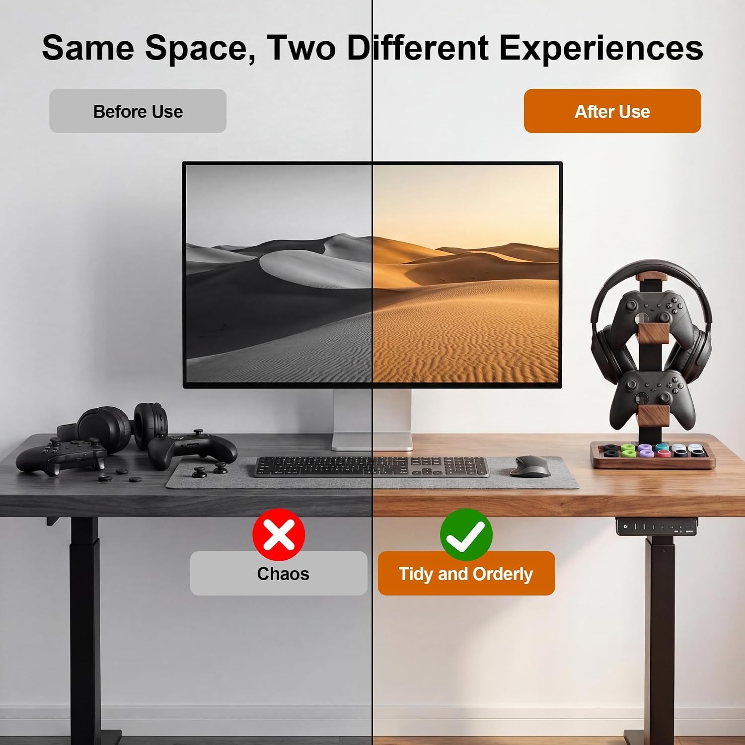 2-in-1 Solid Wood Headset Stand with Dual Game Controller Holder | Gaming Headphone Stand with Storage Base, 6