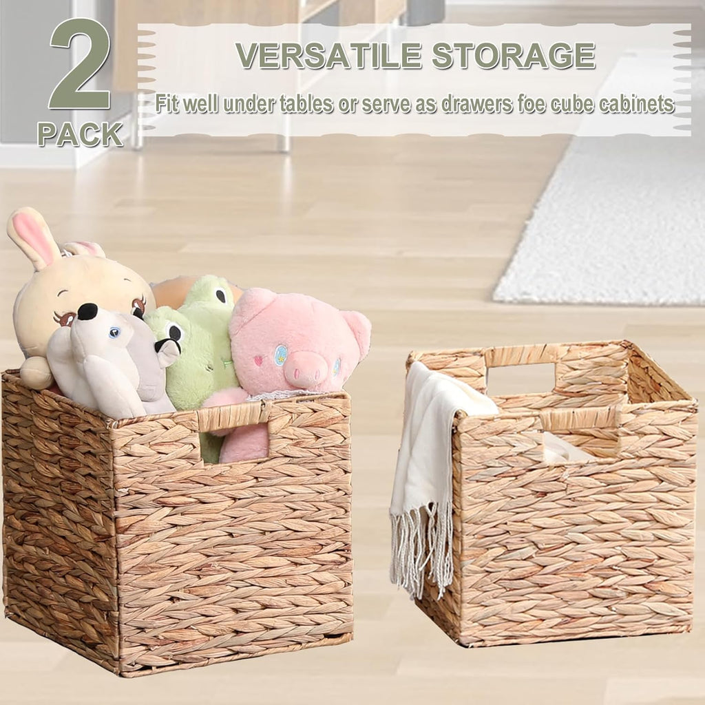 Water Hyacinth Storage Baskets 11x11x11 Inch Wicker Storage Cubes Set of 2Baskets,Handwoven Foldable Wicker Cubes