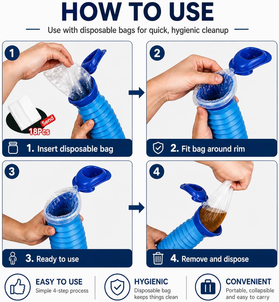 Pee Bottles for Men, Emergency Urinals, Adjustable Pee Bottle for Men and Women, Collapsible Urine Bottle and Pocket