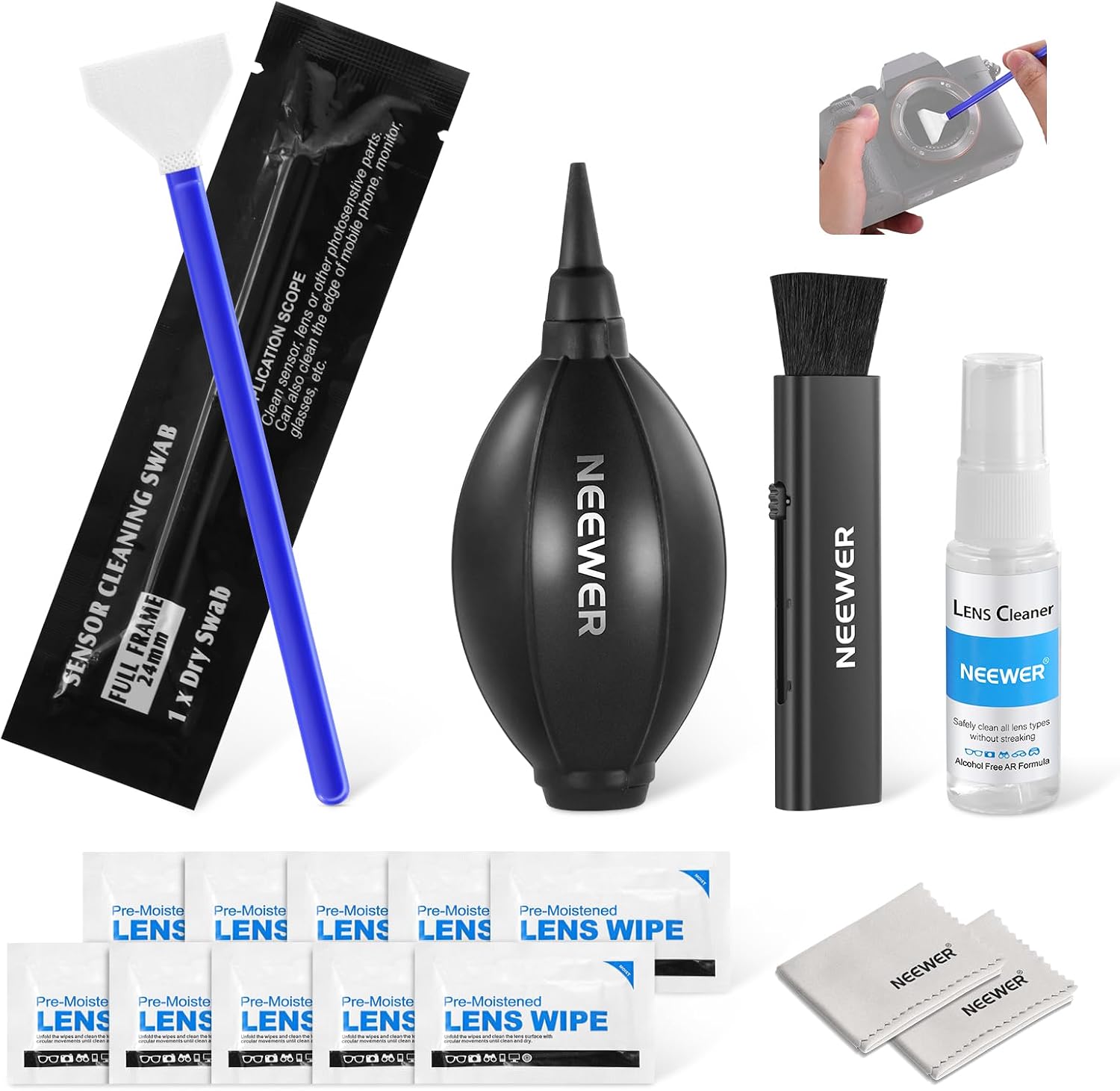 16 in 1 Camera Lens Cleaning Kit, Brush + Air Blower + Cleaning Swab for 24mm Full Frame Sensor + 1x Cleaner Spray +
