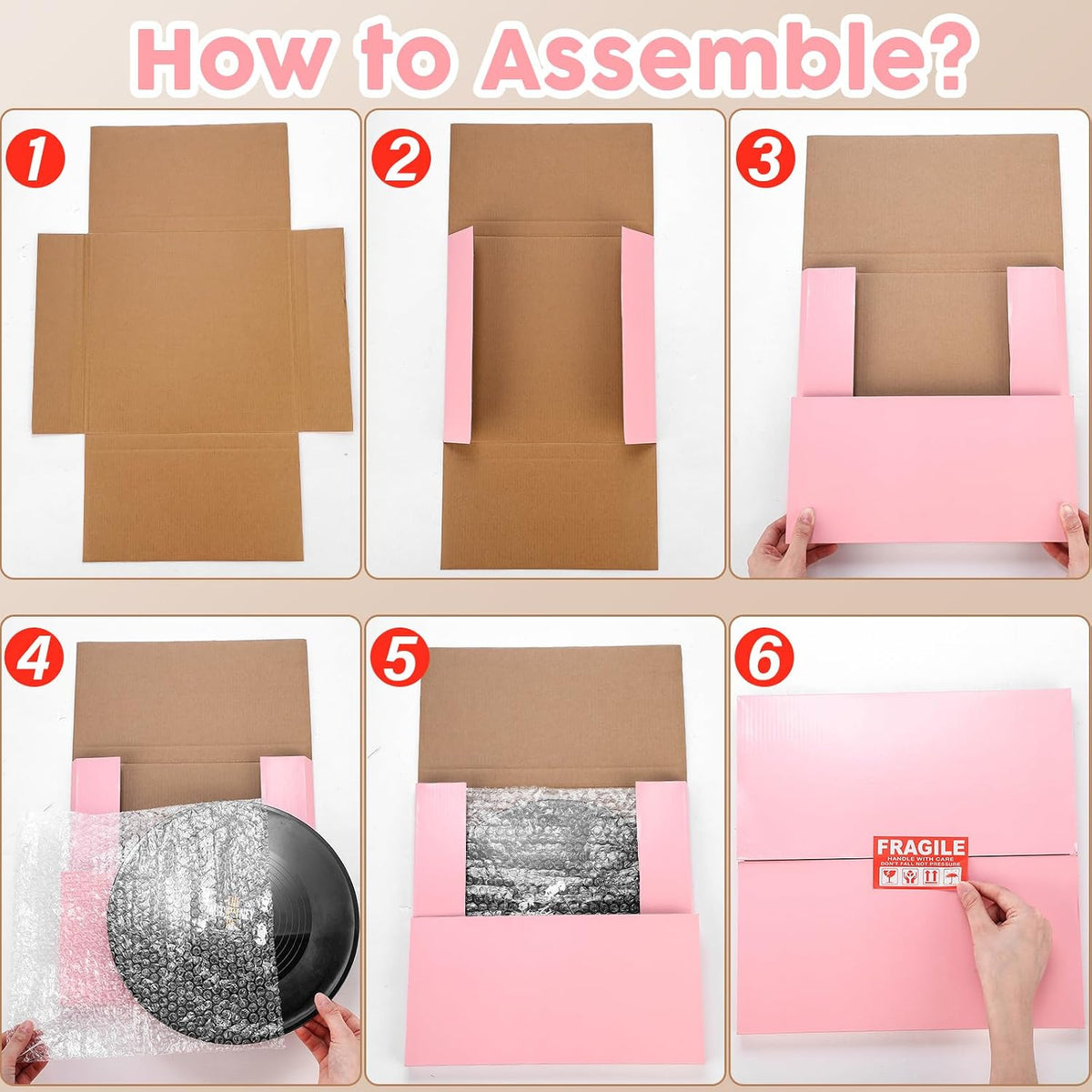 10 Sets 12.6 x 12.6 x 1" Vinyl Record Shipping Boxes, Pink