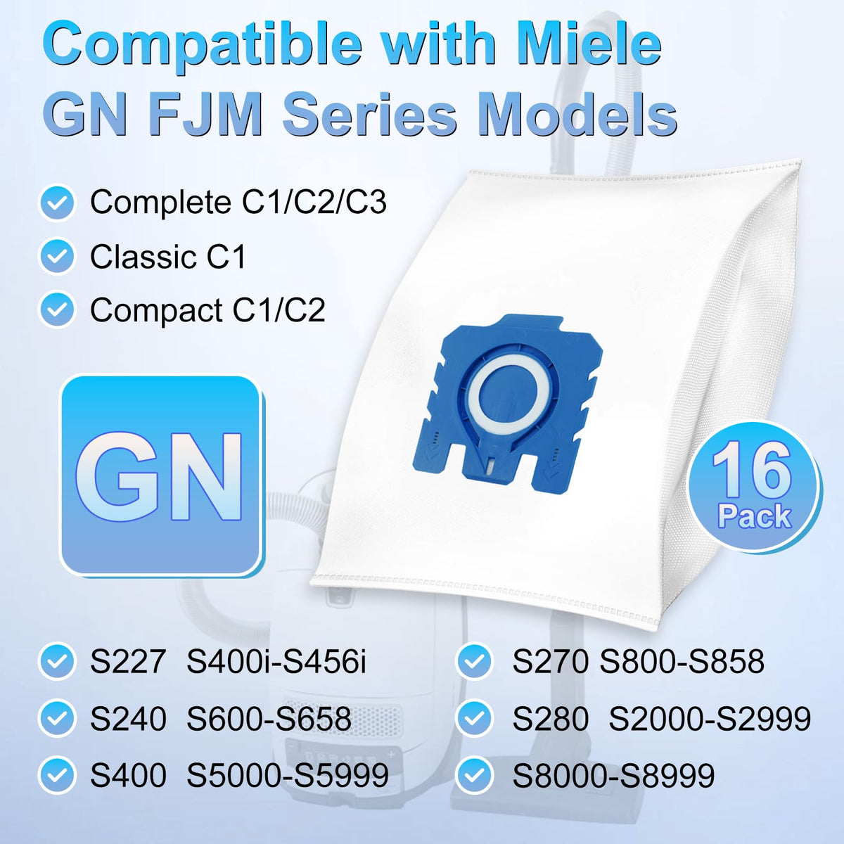 16 Pack 3D Airclean GN Vacuum Cleaner Bags for Miele Classic C1 Complete C1