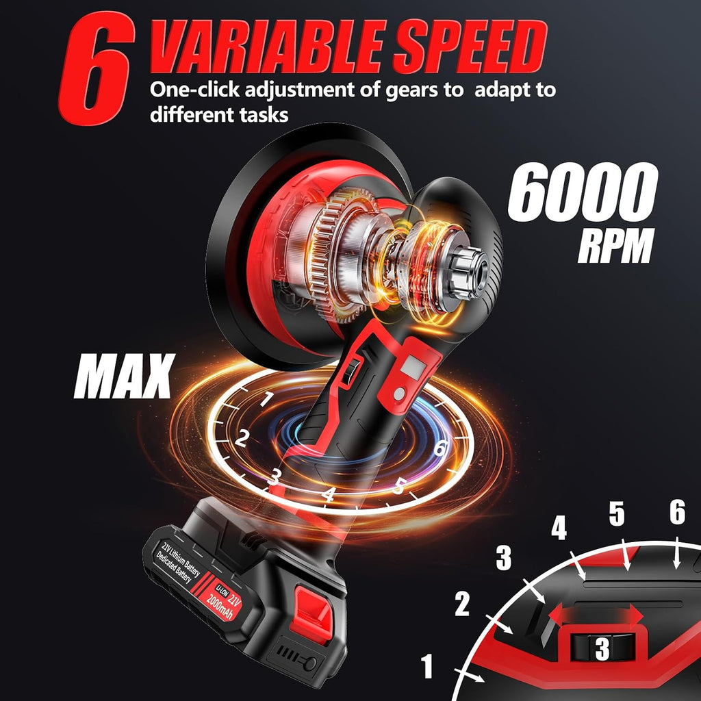 Cordless Car Buffer Polisher, 6-Speed Orbital (5500RPM) DA Polisher with 2x 21V 2000mAh Batteries, 6 Inch Lightweight
