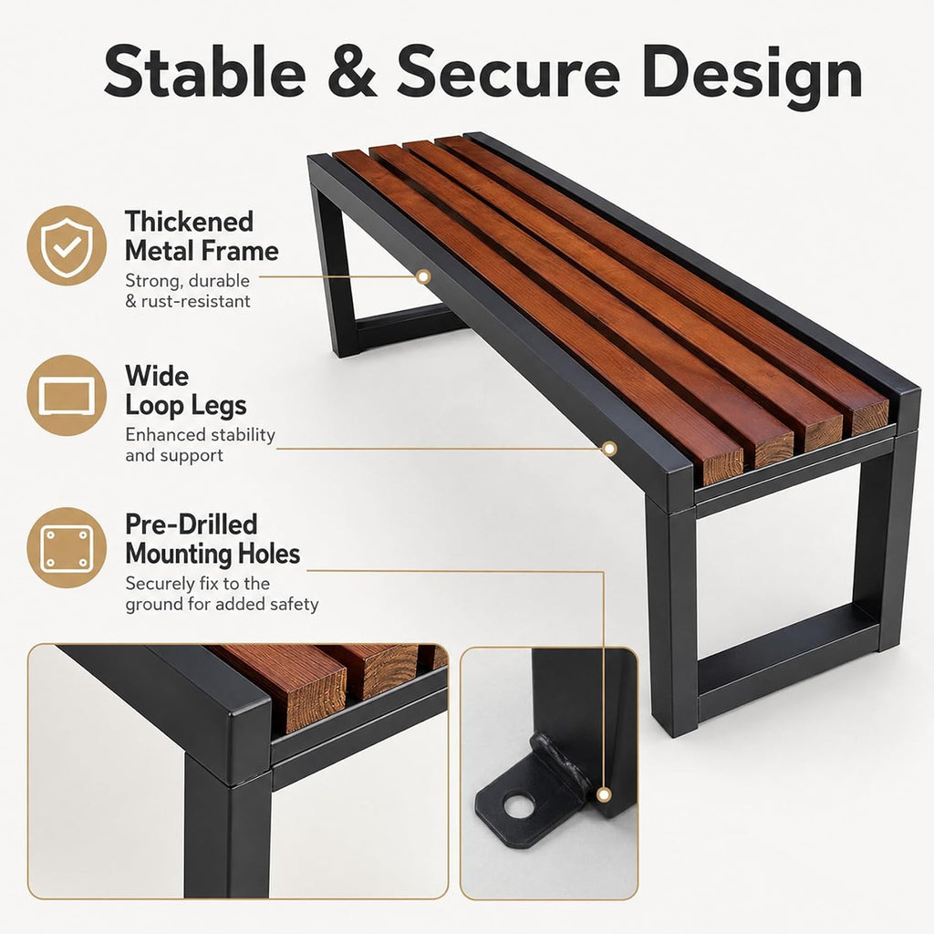 Outdoor Bench, Mid-Century Metal Park Bench, Outdoor Patio Park Benches with Waterproof Wood Seating, for Patio