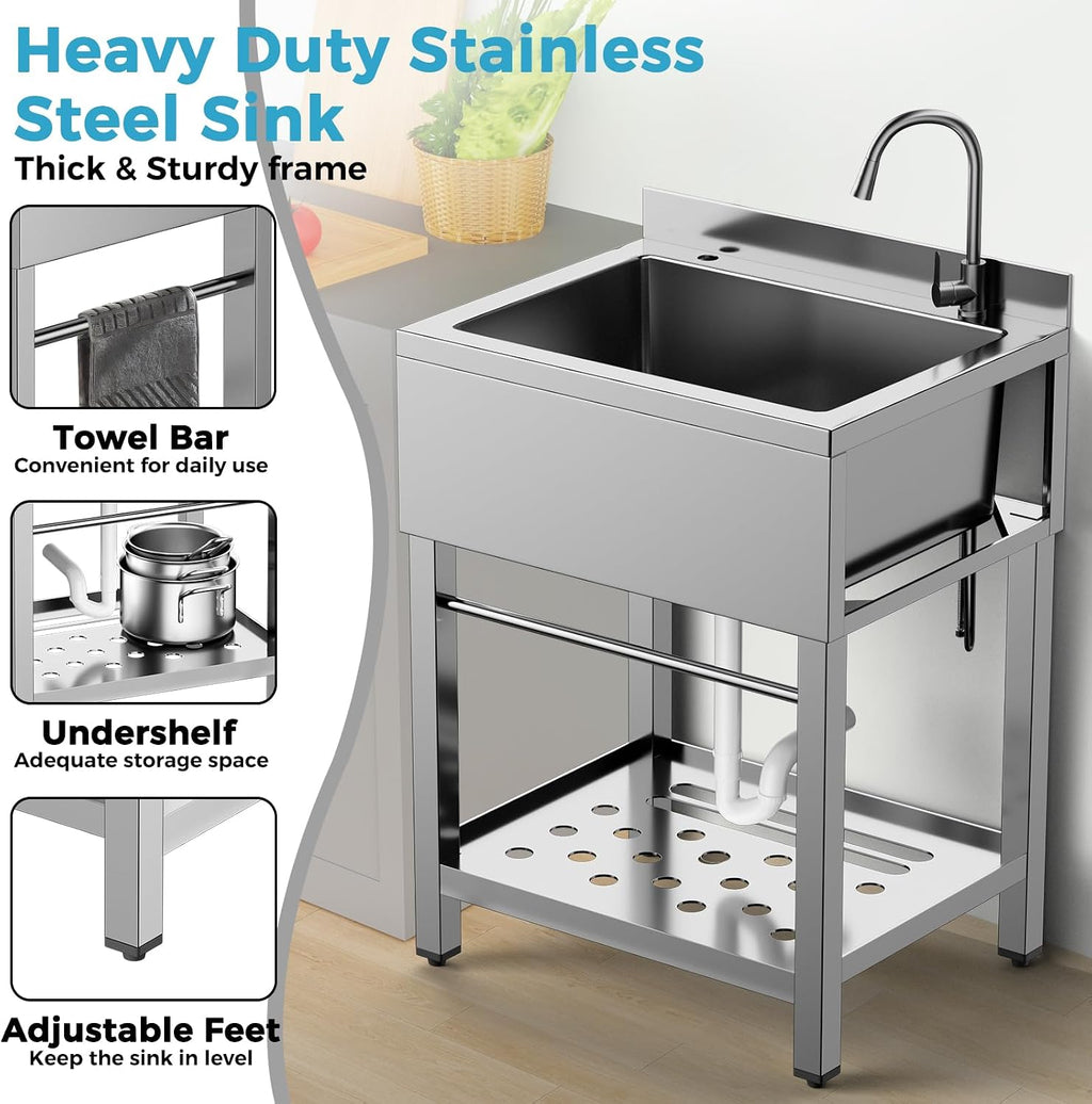Stainless Steel Utility Sink Freestanding Single Bowl Garage Sink 25 Inch