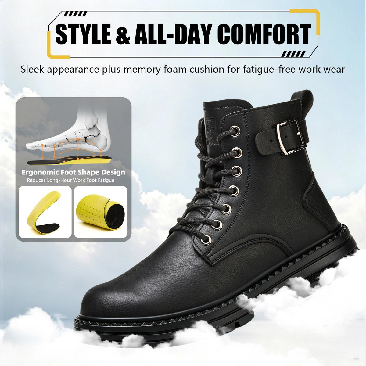 Steel Toe Work Boots for Men, Black Construction Boots, Men Size 10.5