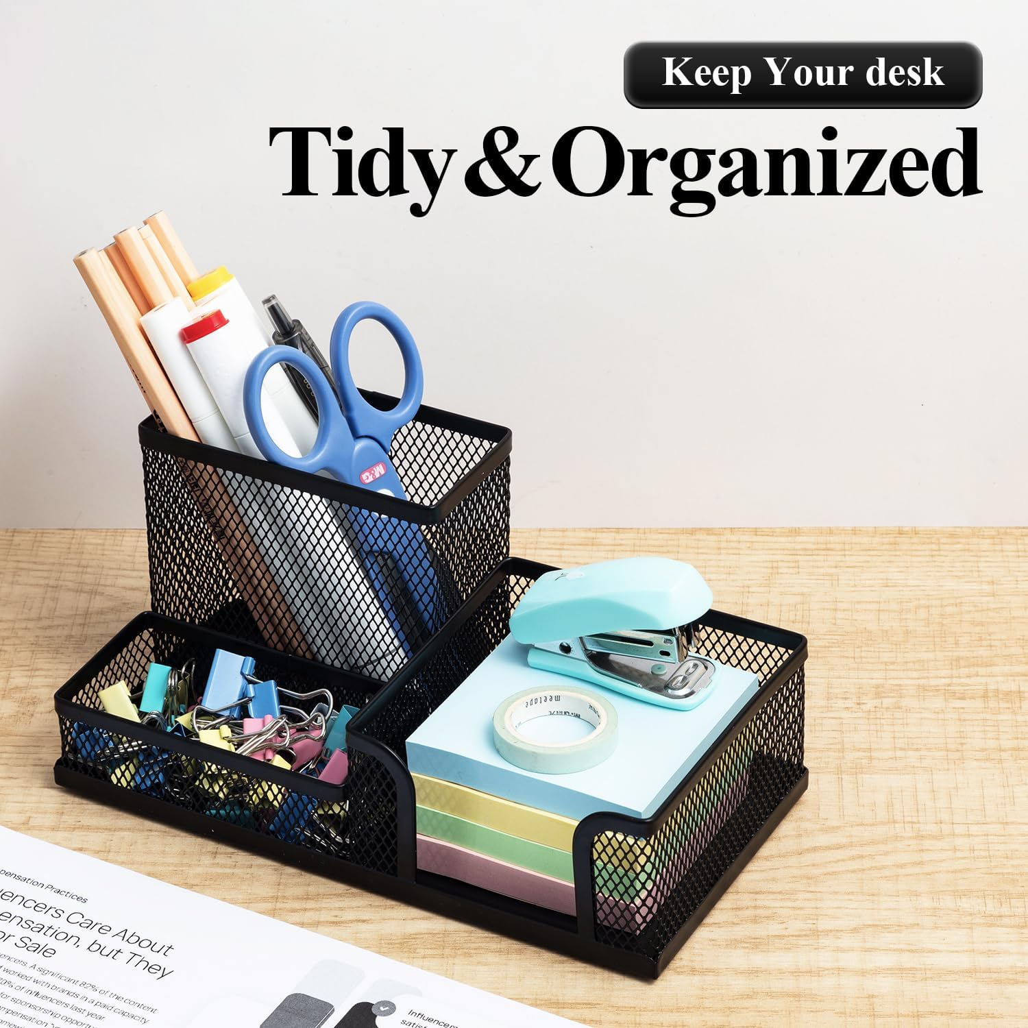 Mesh Pen Holder Desk Organizers Pencil Holder for Desk Black, 3 Compartments Metal Office Supply Organizer with