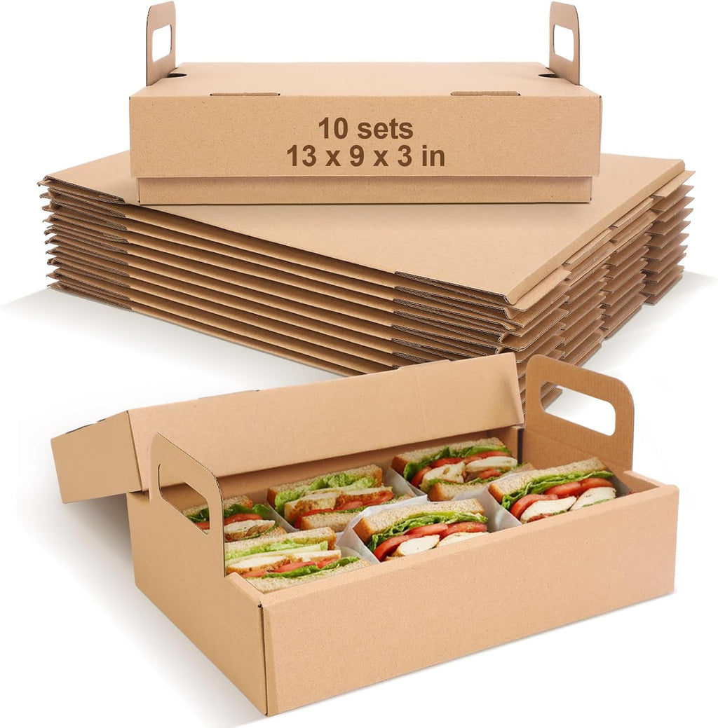 10-pack Kraft Paper Catering Trays with Lids 13 x 9 x 3 Inch