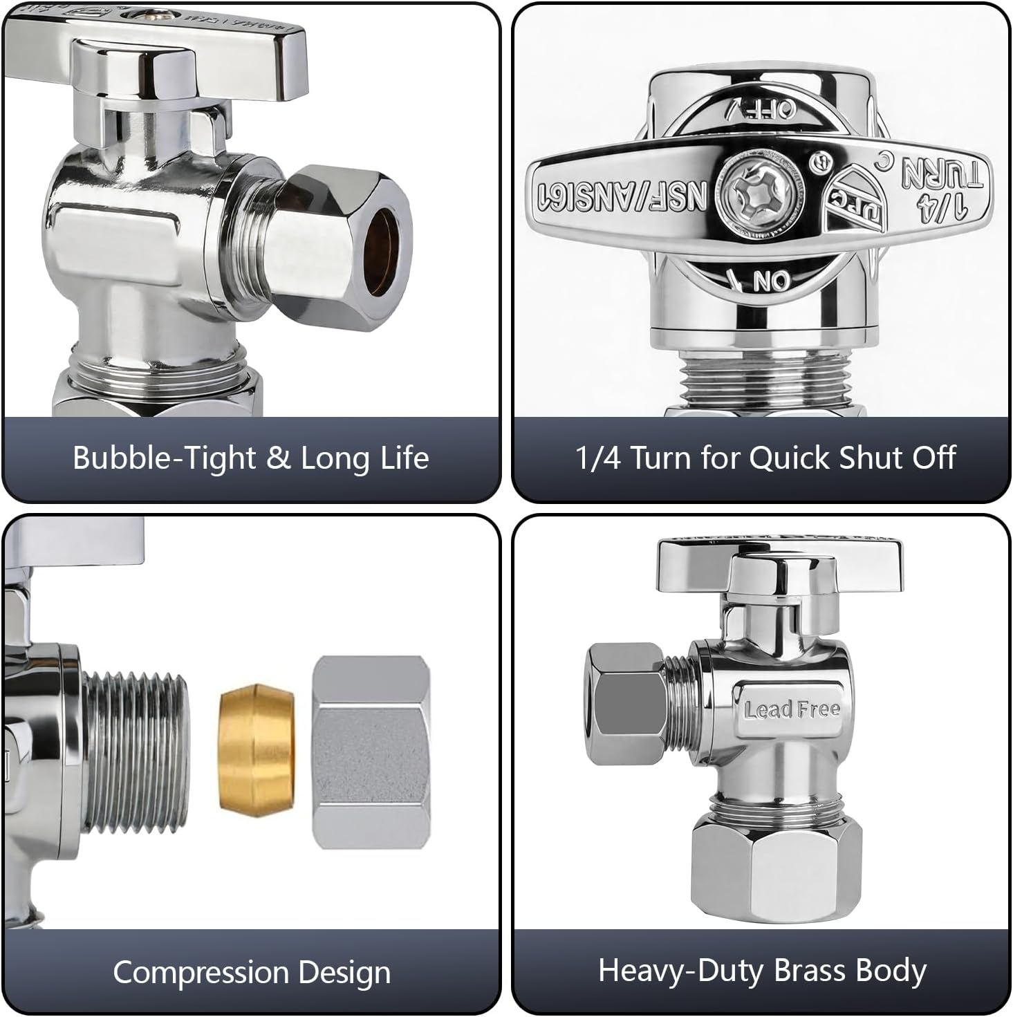 Angle Stop Valve 1/2" Nominal (5/8" OD) x 3/8" Compression | Quarter Turn Toilet Shut Off Reinforced Chrome Plated