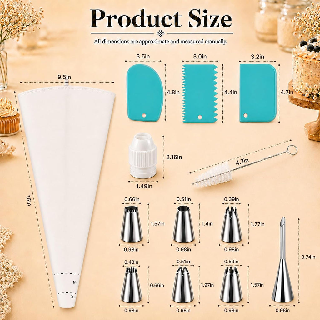 2 Reusable 16-Inch Cotton Piping Bags with Cut Lines, 7 Tips