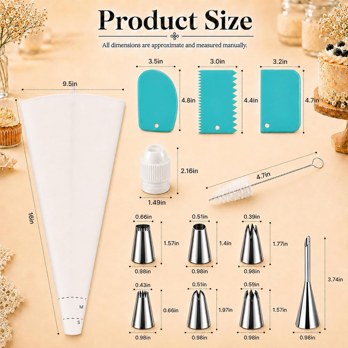 2 Reusable 16-Inch Cotton Piping Bags with Cut Lines, 7 Tips