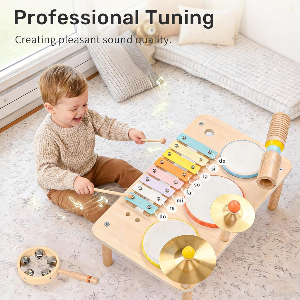 Kids Drum Set, 9-in-1 Montessori Toys | Wooden Musical Instruments for Toddlers, Baby Musical Toys with Drums