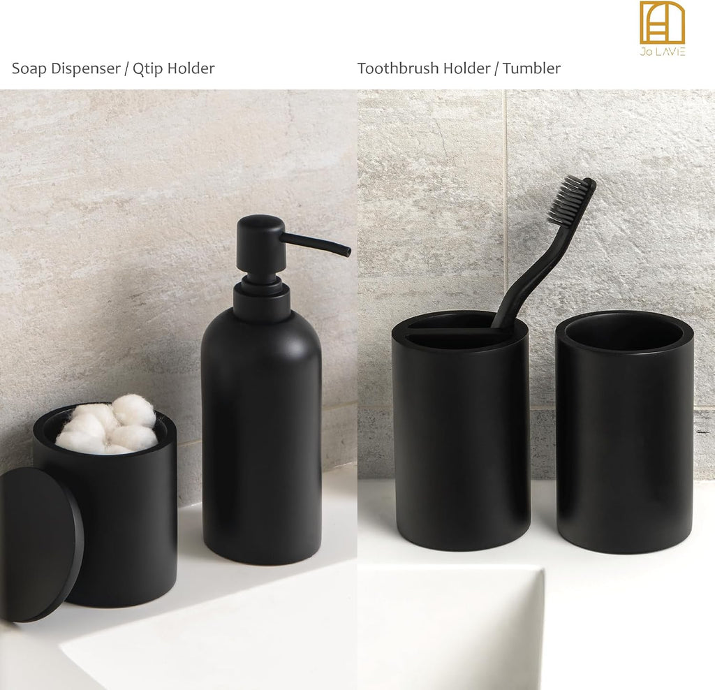 Bathroom Accessory Set - 4 Pcs Matte Black Bathroom Set with Toothbrush Holder, Soap Dispenser, Tumbler & Cotton Swab