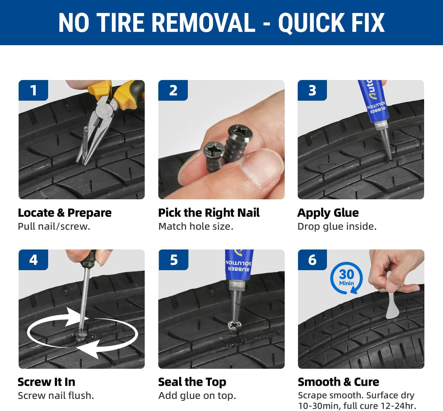 21PCS Tire Repair Rubber Nail Kit - Complete Screw Plug Kit with Glue, Fast Fix for Flat Tires on Car, Truck