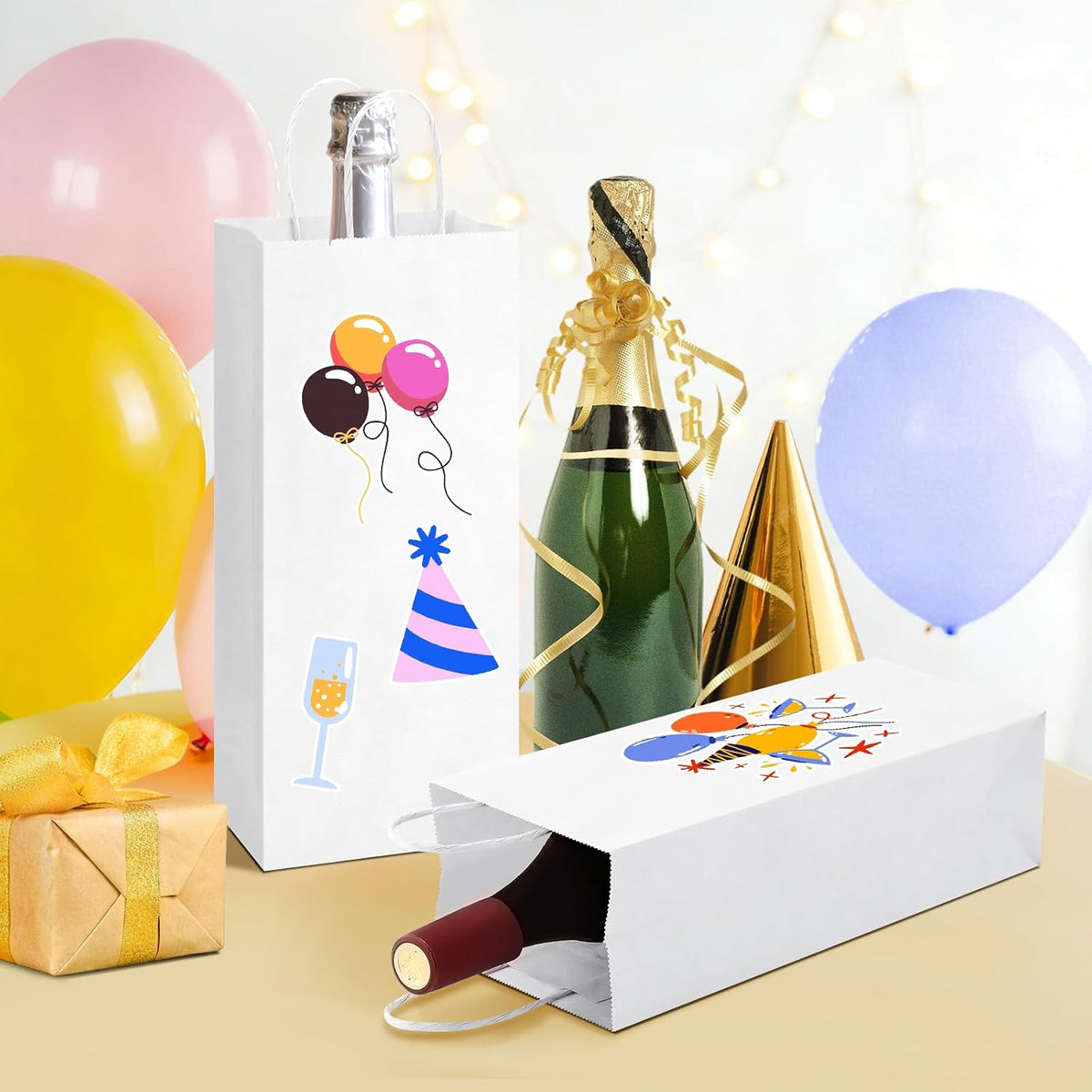 Wine Bags with Handles 5.25x3.25x13 Inch White Paper Bag 50 Pack