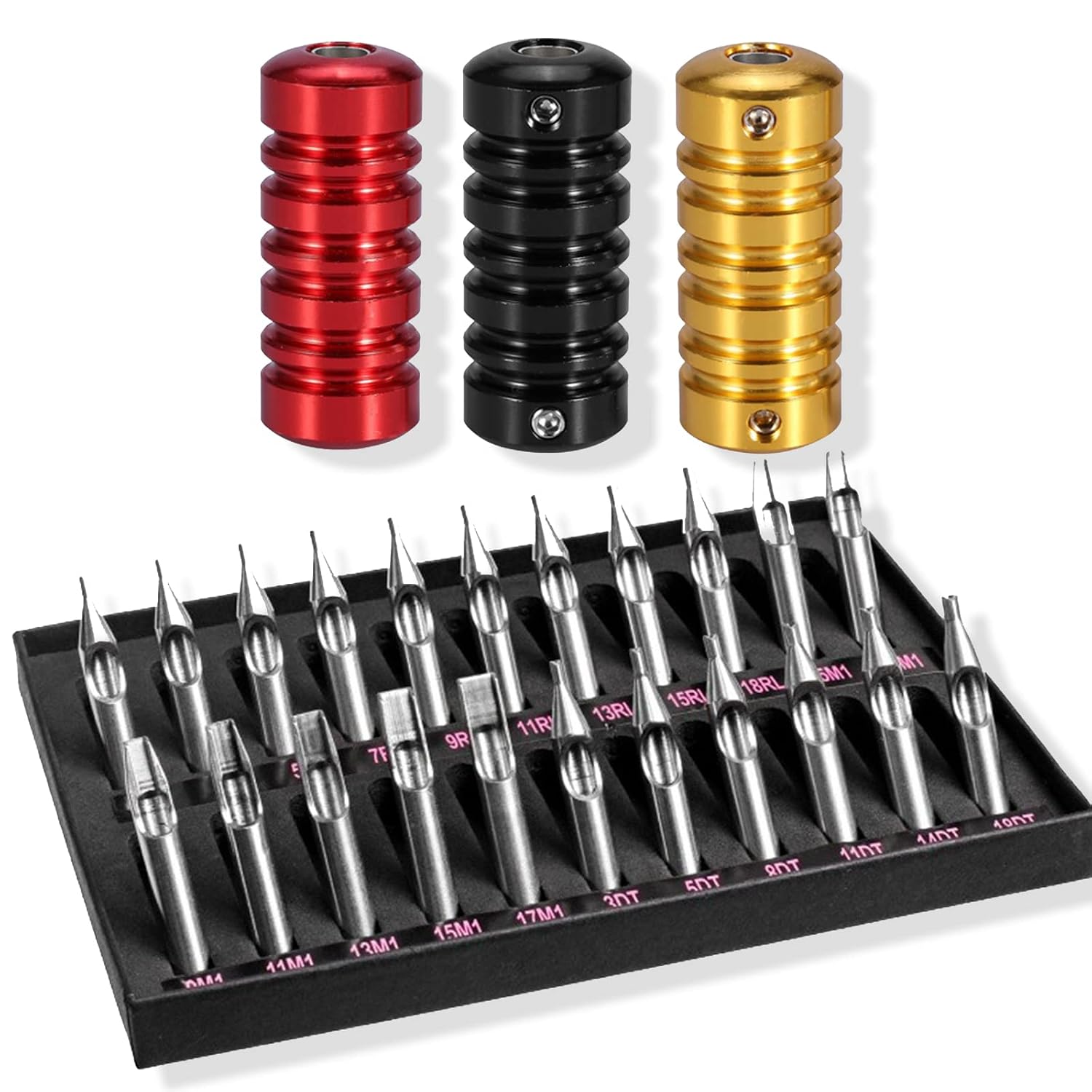 Traditional Tattoo Tips and Grips - 3 Pcs Aluminum Grips & 22 Pcs Stainless Steel Tips (Round, Diamond, Magnum, RT