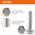 M5-0.8 x 16mm Heavy Duty Hexagon Bolts Hex Head Screws, 304 Stainless Steel, Metric Machine Fully Thread, Bright Finish, 50PCS