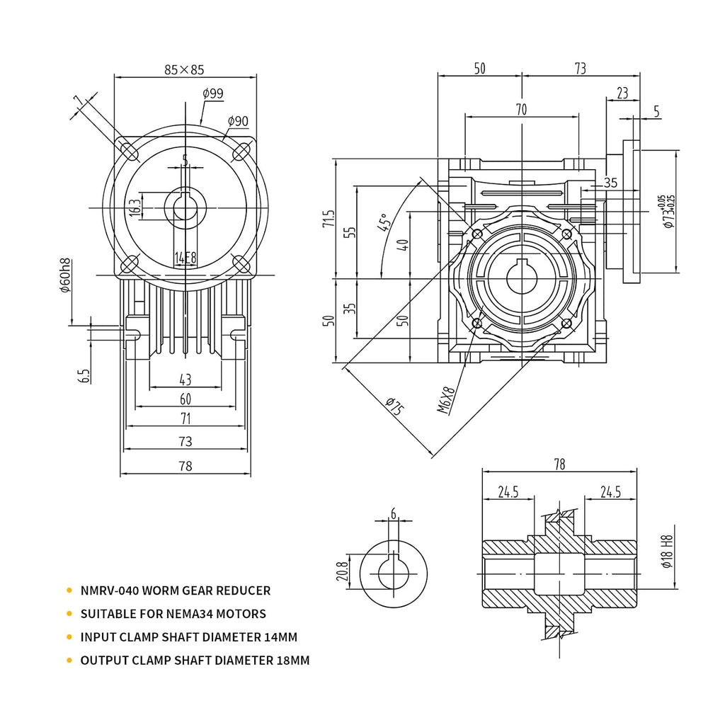 NMRV040 Worm Gear Reducer 10:1 Ratio Nema34 Stepper Servo Motors