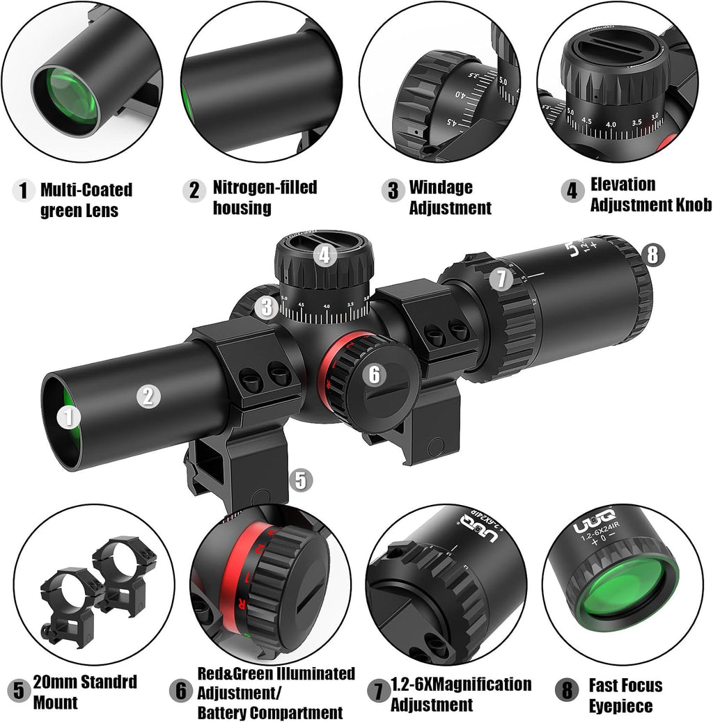 1.2-6x24 Rifle Scope,MOA Reticle,Clear Green-Coated Lens,Tactical Compact LPVO, R/G Dual-Color with 5 Levels