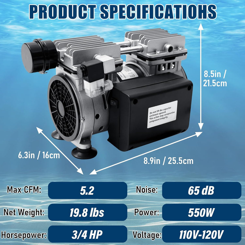 Pond Aerator, 550W 3/4 HP Air Compressor with Timer & Valves, 5.2 CFM for Up to 3 Acre 50ft Deep Lake, Outdoor Pond