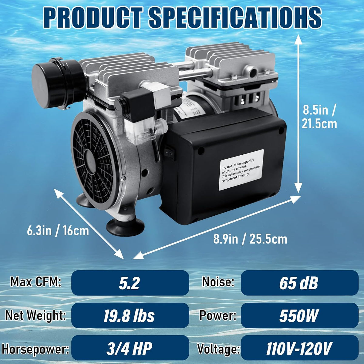 Pond Aerator, 550W 3/4 HP Air Compressor with Timer & Valves, 5.2 CFM for Up to 3 Acre 50ft Deep Lake, Outdoor Pond