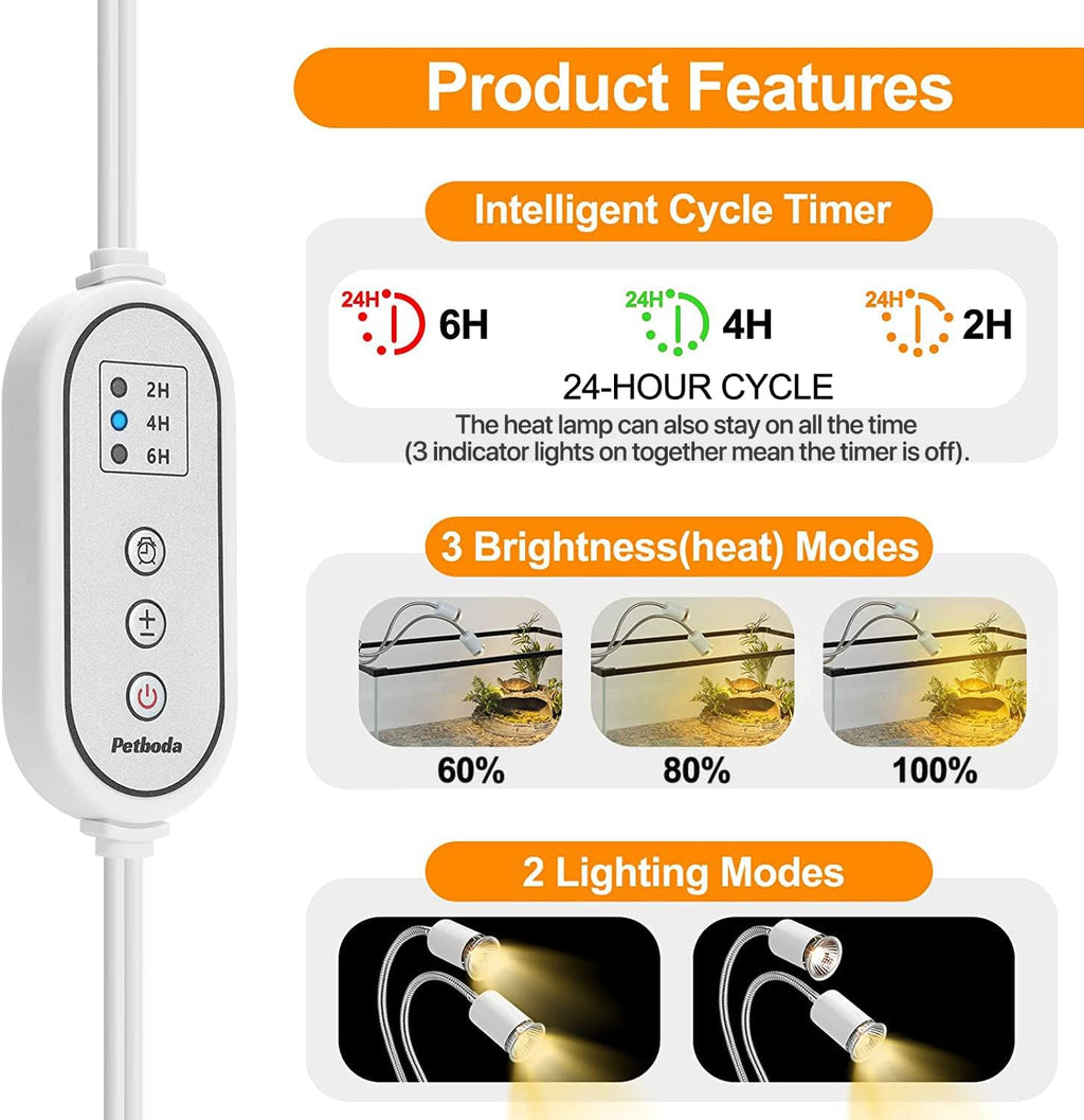 Reptile Heat Lamp, Dual Head Reptile Light with Cycle Timer, Dimmable UVA/UVB Basking Light for Turtle Tortoise