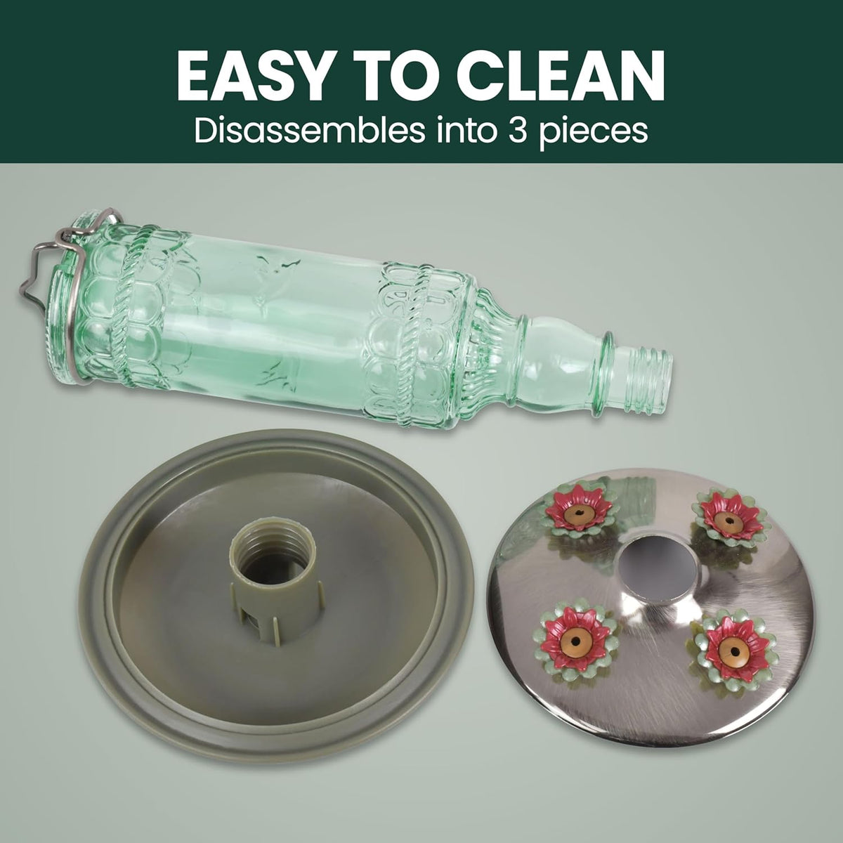 Antique Glass Bottle Hummingbird Feeder, 10 oz Capacity, Green