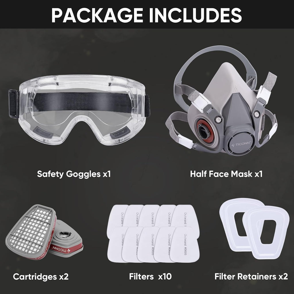 Reusable Respirator Mask with Filters, Gas Mask with Anti Fog Safety Glasses, Anti-Dust Half Face Cover Respirator