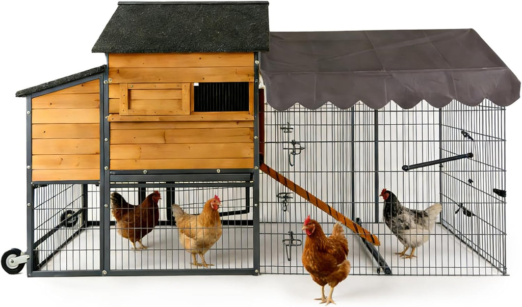 Extra Large Mobile Chicken Coop with Run, Portable Chicken Tractor with Wheels, Wooden Poultry Cage with All-Around