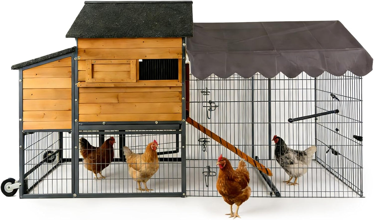 Extra Large Mobile Chicken Coop with Run, Portable Chicken Tractor with Wheels, Wooden Poultry Cage with All-Around