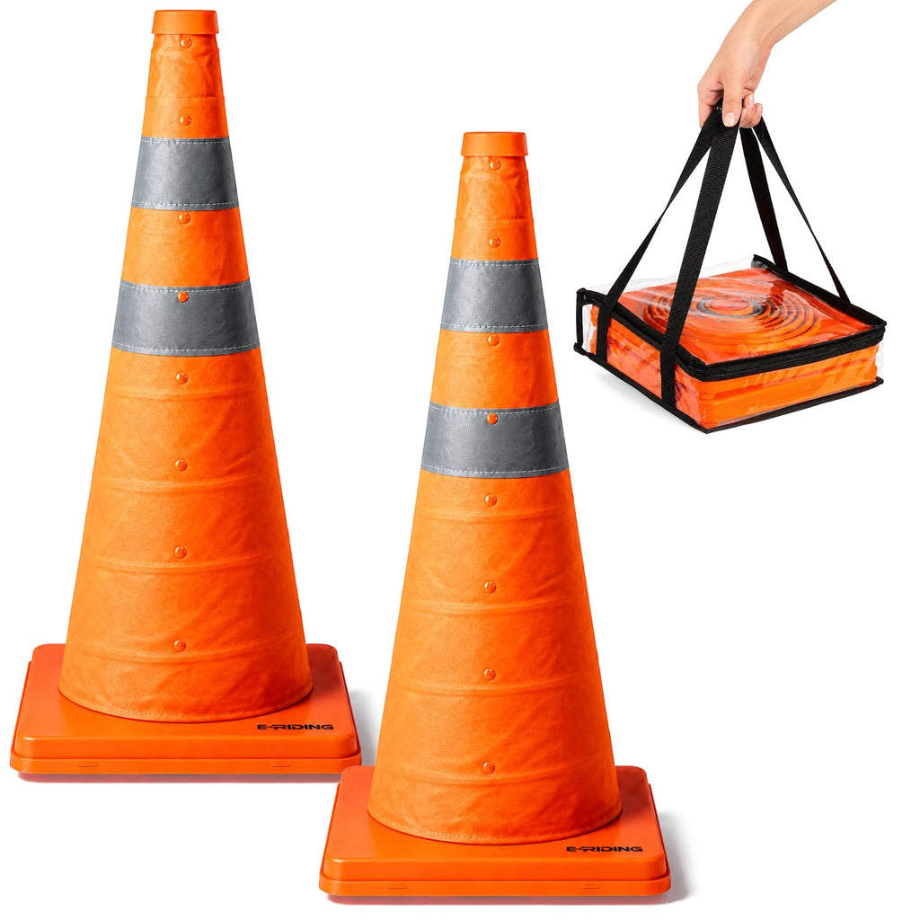 28 Inch 2 Pack Collapsible Traffic Cones | Pop-up Orange Cones with 2 Reflective Collars, Multi-Purpose Protable