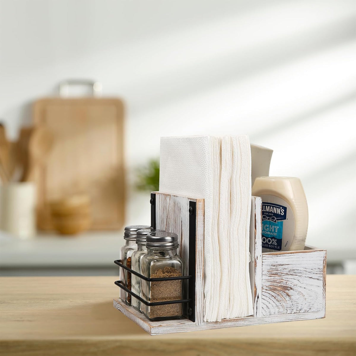 Rustic Whitewashed Wooden Kitchenware Organizer Napkin Utensil Spice Holders Table Seasoning Shakers Chalkboard Label