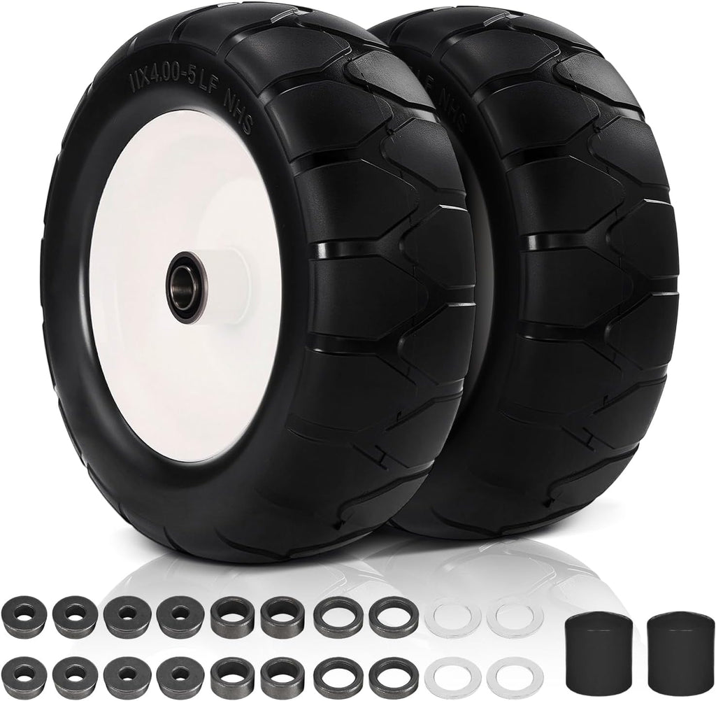 11x4.00-5 Flat Free Lawn Mower Tires and Wheels-3/4" 5/8" 1/2" Bearings & 3.4-4.9" Adjustable Centered Hub Length, 2