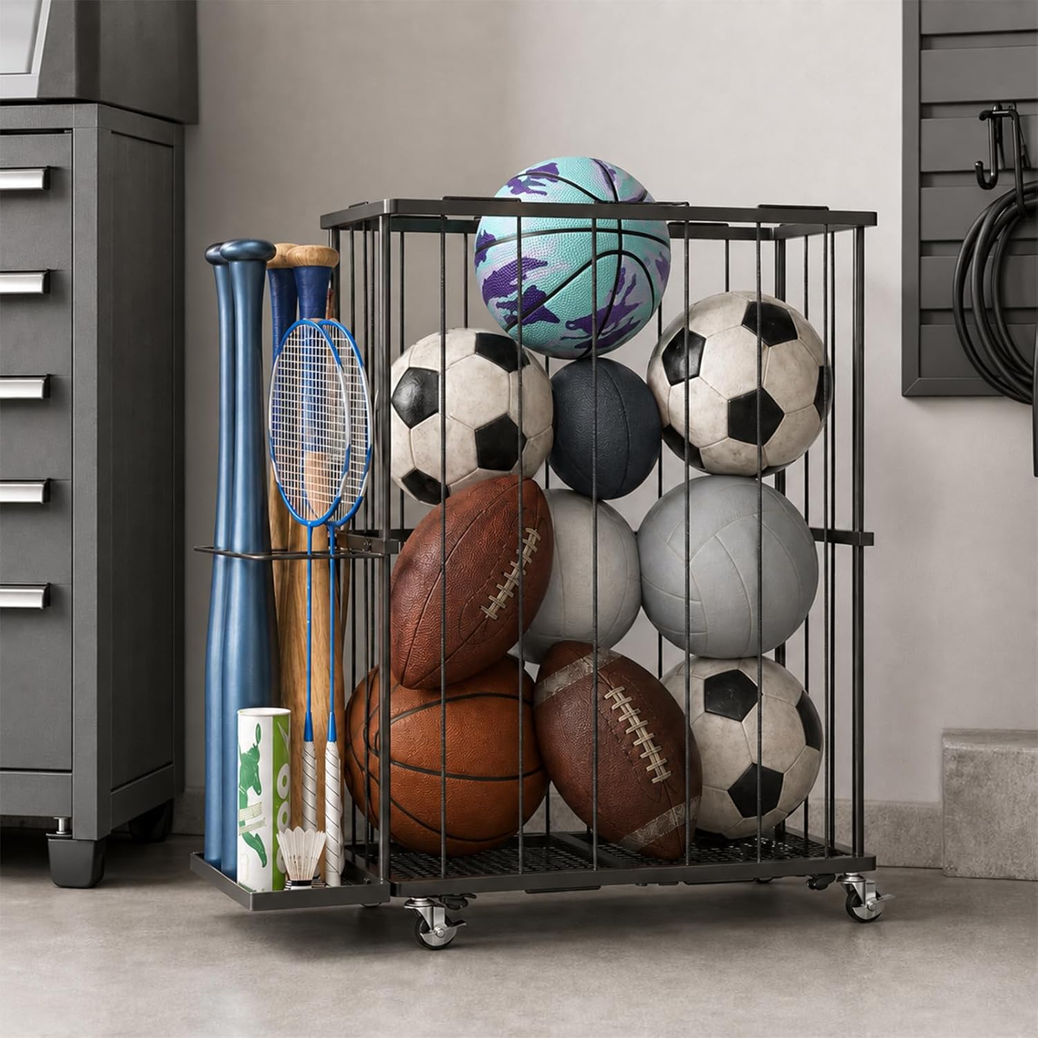 Garage Ball Storage Rack with Wheels and Elastic Rope, Sports Ball Holder for Basketball, Soccer, Volleyball