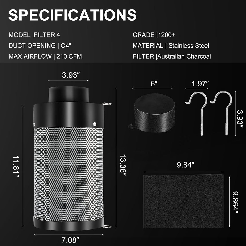 4 Inch Air Carbon Filter with Australian Virgin Charcoal – Odor Control. Built-in 5.5" Quiet Fan with Speed Control