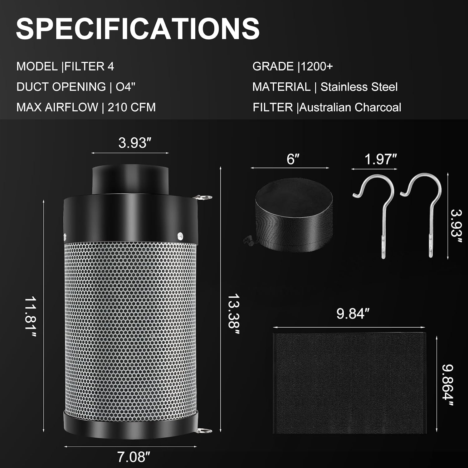 4 Inch Air Carbon Filter with Australian Virgin Charcoal – Odor Control. Built-in 5.5" Quiet Fan with Speed Control