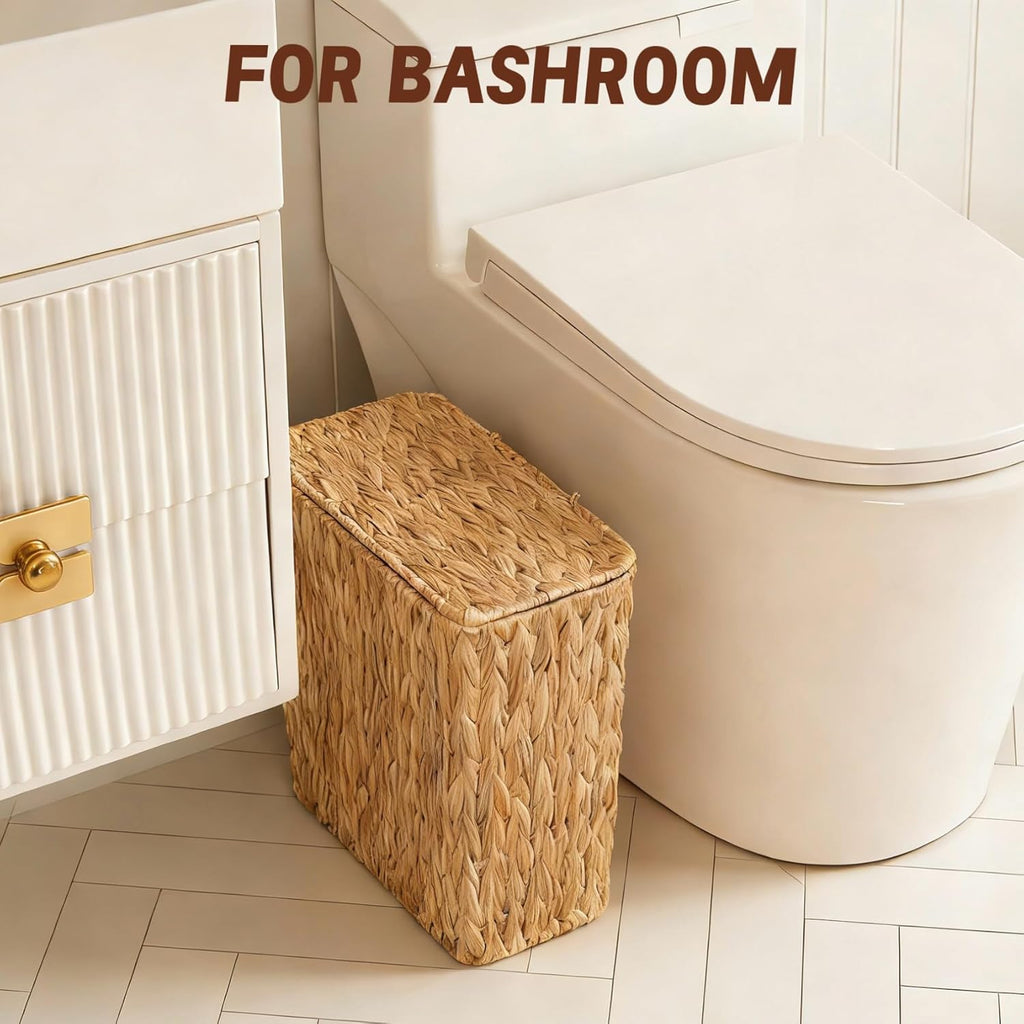 Wicker Trash Can,2.5 Gallon Bathroom Trash Can with Lid,Natural Water Hyacinth Wicker Waste Basket with Removable Liner