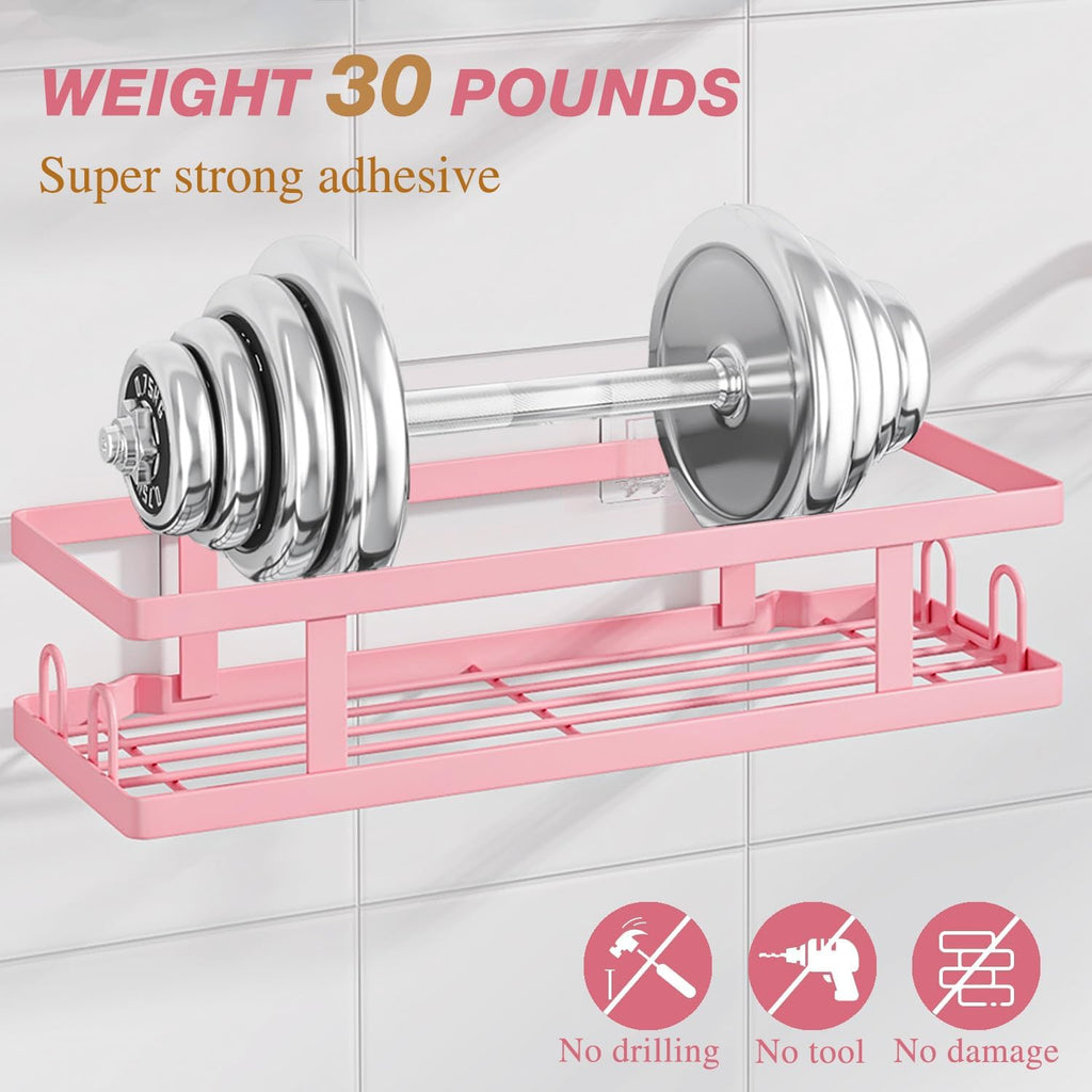 Adhesive Shower Caddy,Shower Shelves with Soap Holder and 12 Hooks,No Drilling Bathroom Organizer and Storage,Pink,3