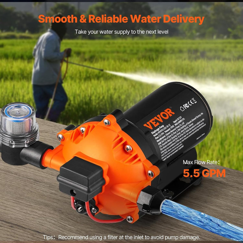 VEVOR Water Diaphragm Pump 12V DC 5.5 GPM Flow 70 PSI Rated Pressure