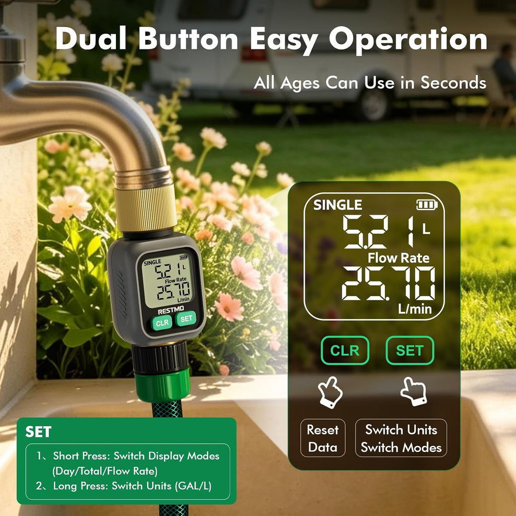 RESTMO Water Flow Meter with Dual Zone Display Screen, Brass Water Meter