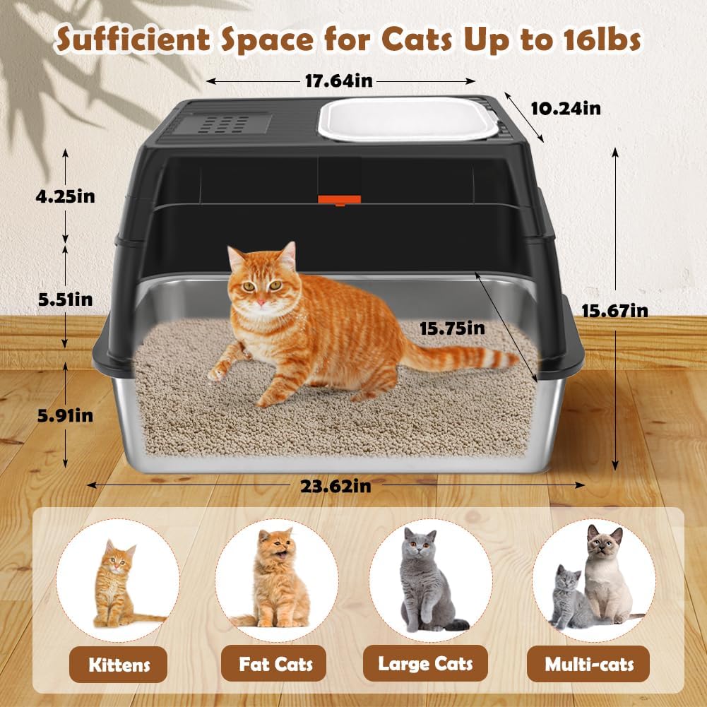 Stainless Steel Litter Box with Lid, XL Front Entry Enclosed Extra Large Litter Box for Big Cats & Kitty, Top Exit