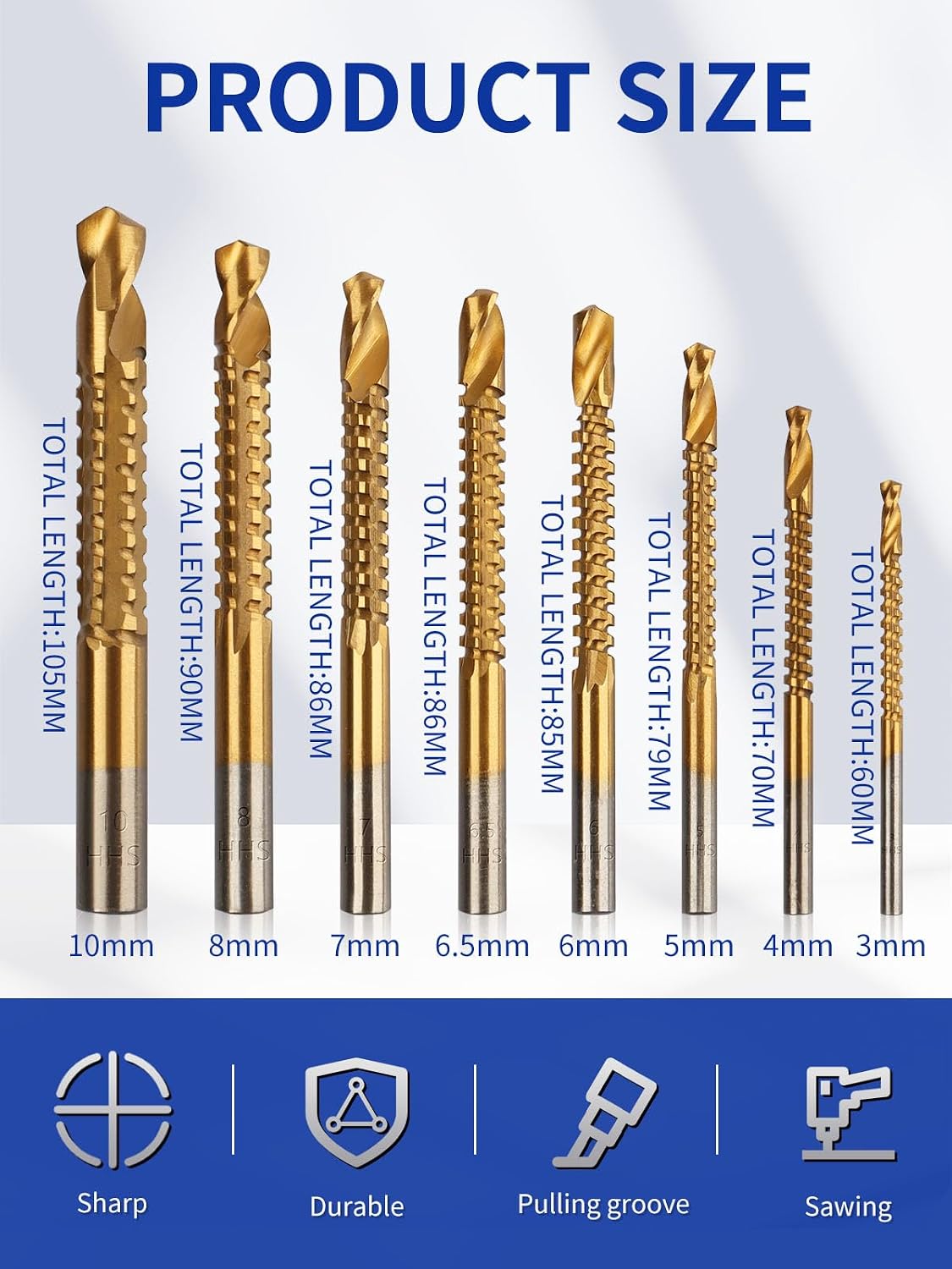 Rocaris 8 Pack 3-10mm Titanium Coated HSS Twist Drill Bits