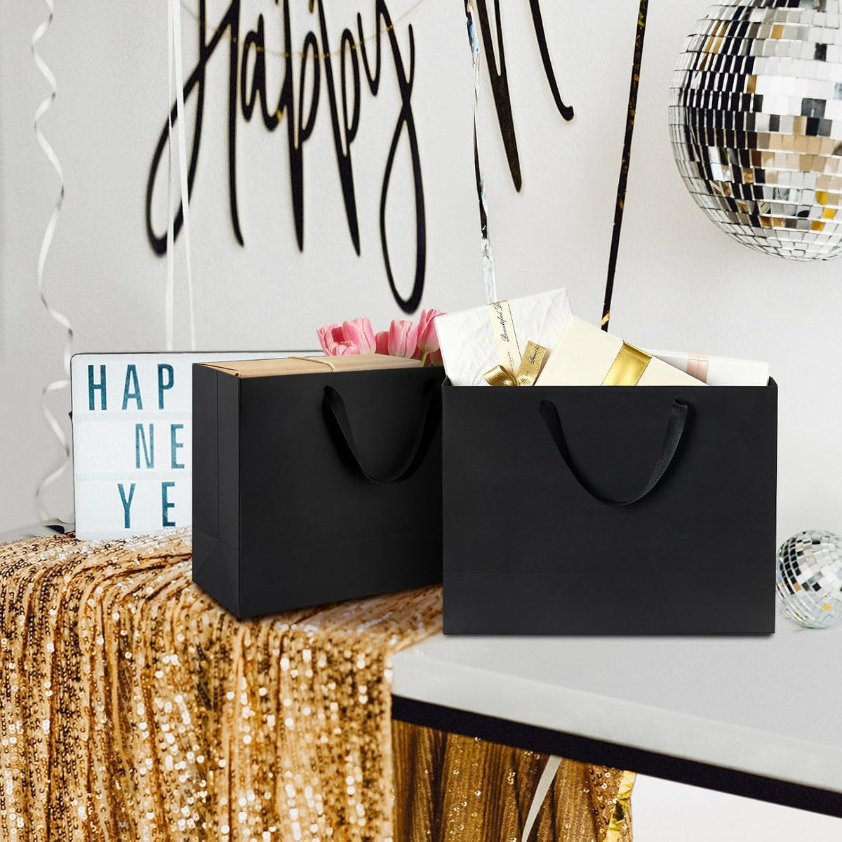 Extra Large Black Gift Bags, 12-Count, 16x6x12 Inch
