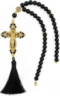 Catholic Car Rosary for Rearview Mirror, Black 40-Bead Rosary with Saint Benedict Cross, Cross for Car Mirror