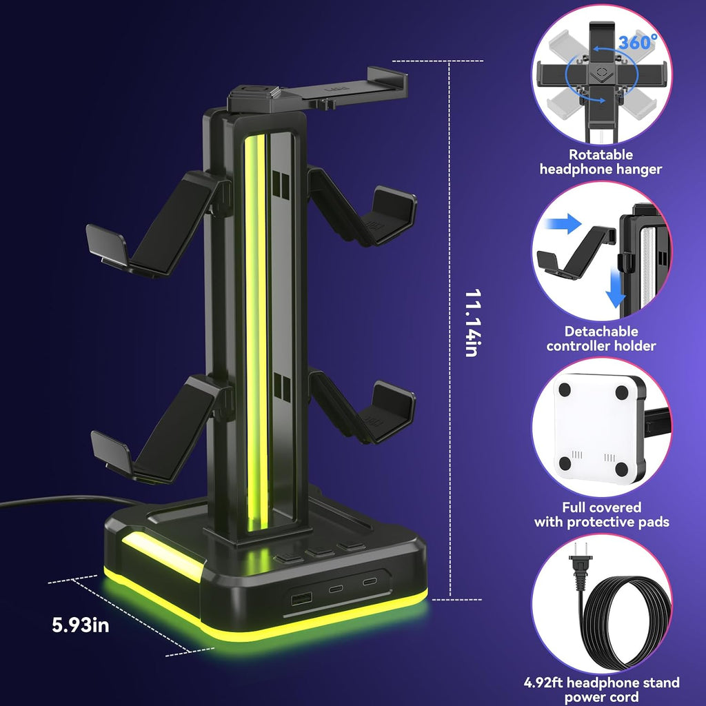 RGB Gaming Headphone and Controller Stand with 2 Type-C and 1 USB Ports | Headset Stand with 9 Light Modes, Headset