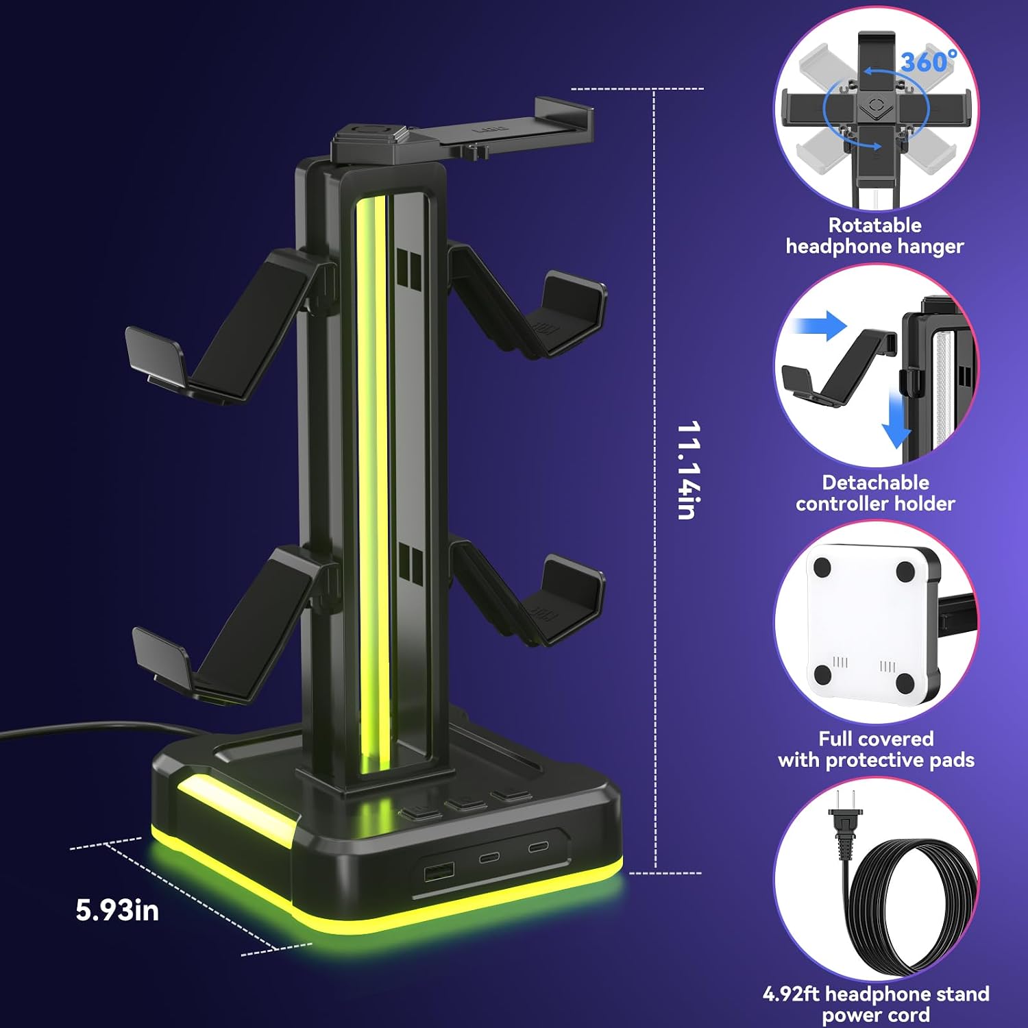 RGB Gaming Headphone and Controller Stand with 2 Type-C and 1 USB Ports | Headset Stand with 9 Light Modes, Headset