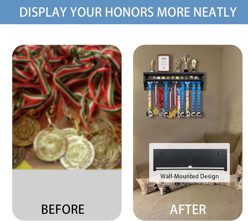 Medal Hanger Display Shelf Medal Rack Display Holder Black | Solid Wood，Wall Mount, Runners, Marathon, Race Winner